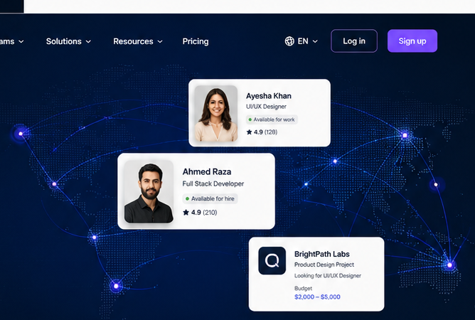 Qabilo marketplace preview showing professional profiles and a project opportunity